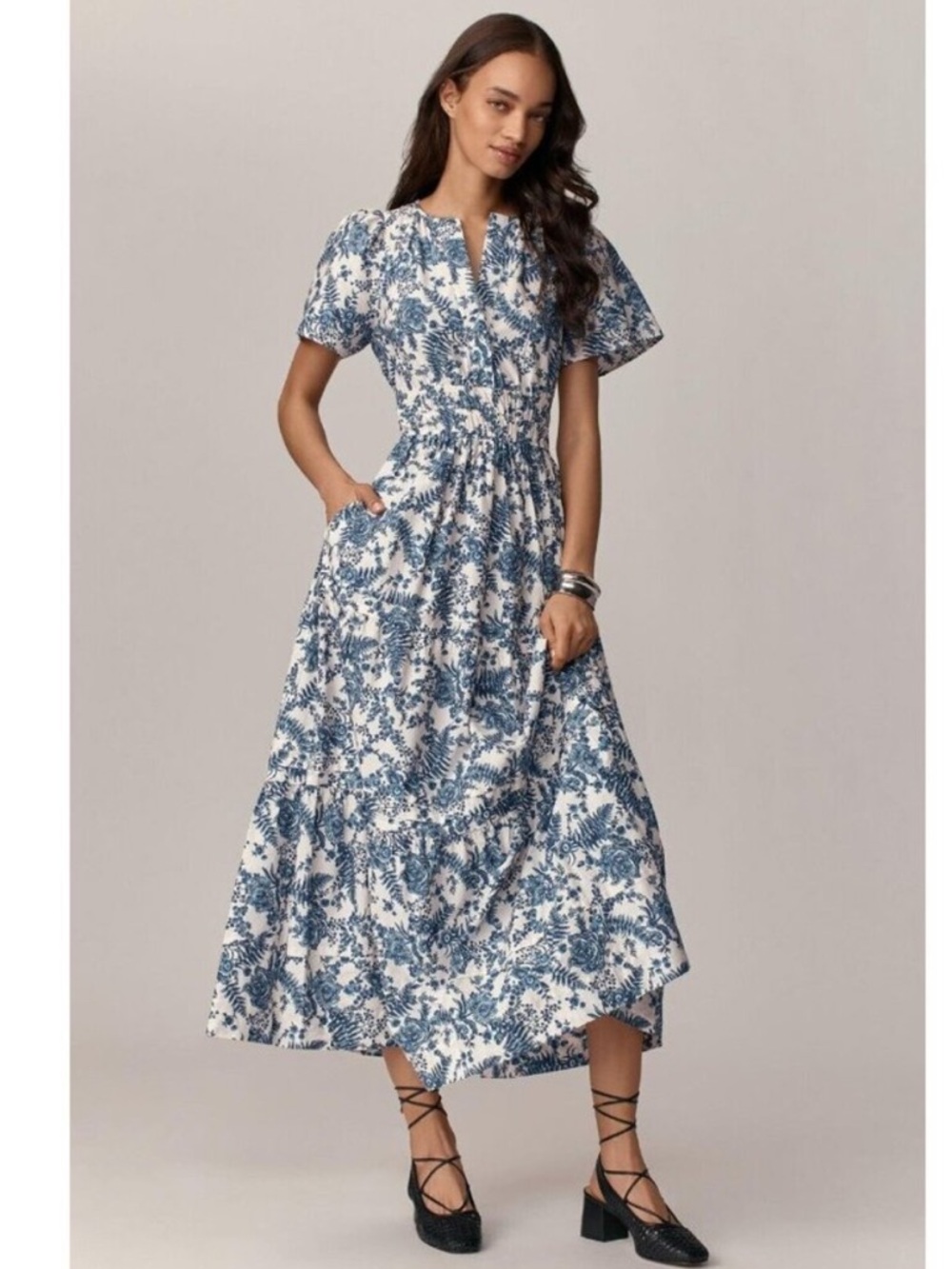 Anthropologie Somerset Maxi in Ivory Blue Floral Tiered Cotton Dress XL